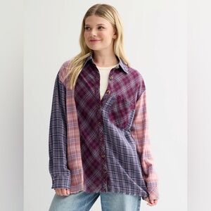 Rewind Women's Plaid Button Down Shirt - Pink and Blue
